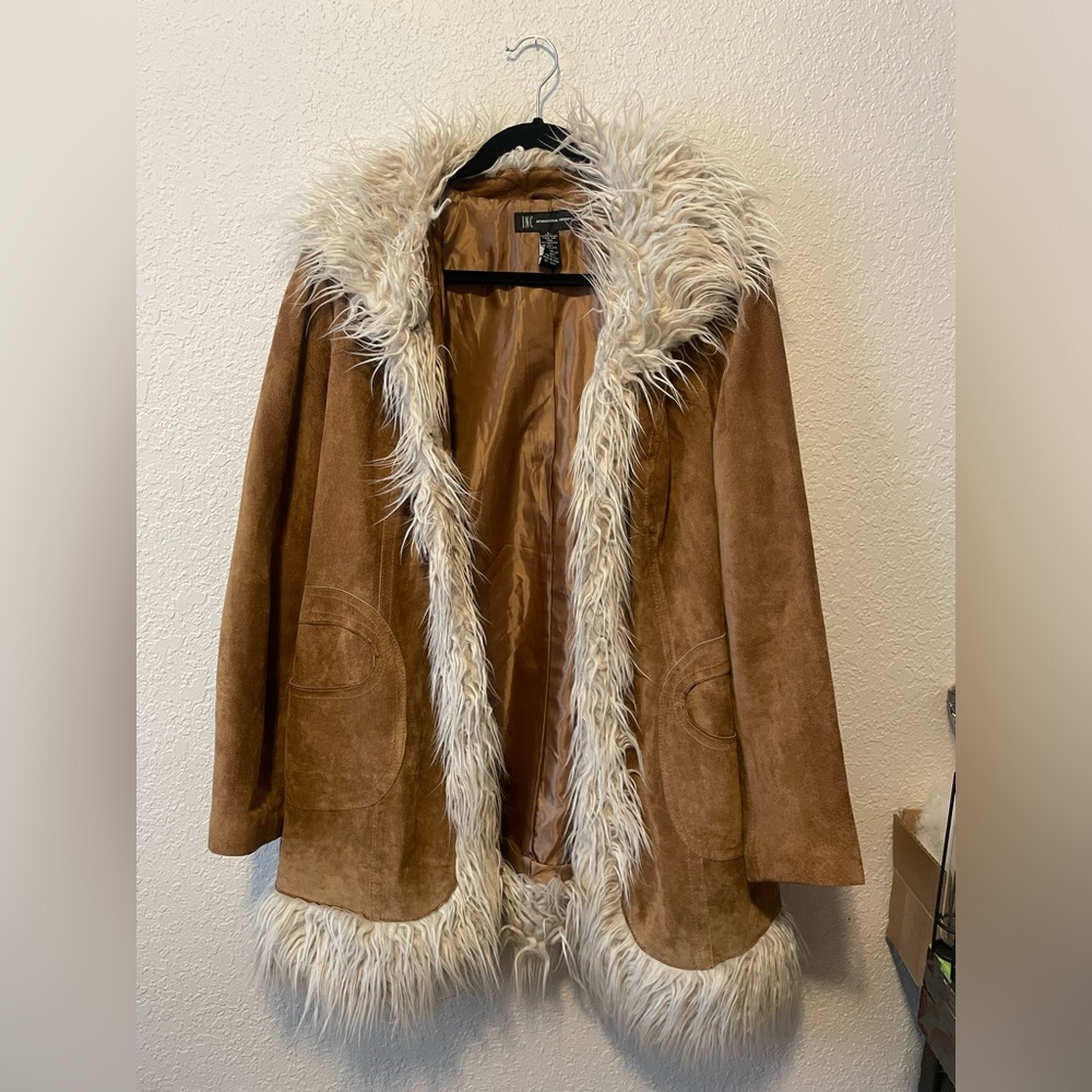 brown leather penny lane type furry trim coat